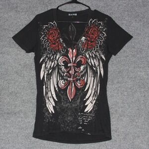 Brad Butter Women XL Black Fleur de Lis Wings Roses Graphic Top Y2K Grunge